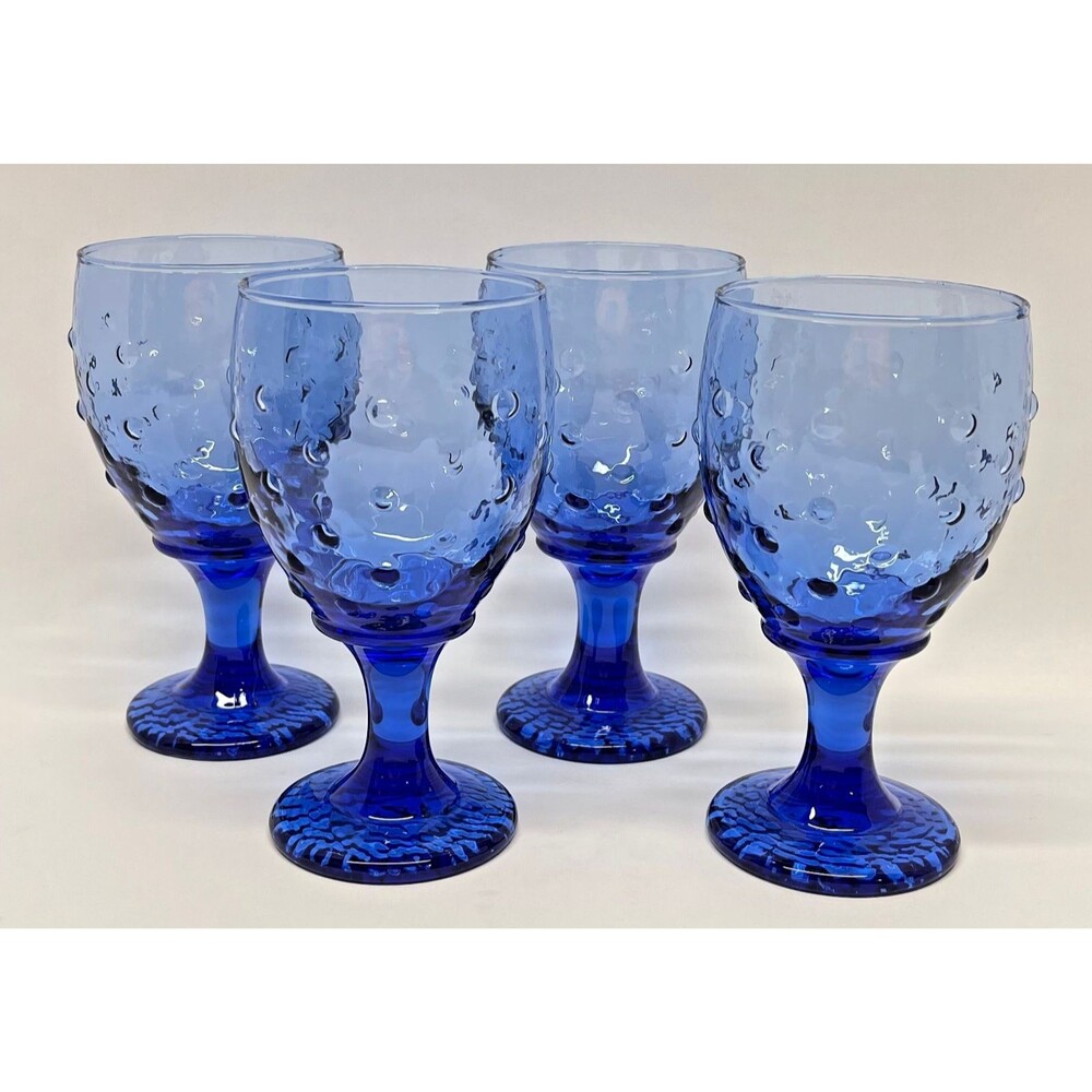 Set 4 Libbey English Hobnail Cobalt Blue Goblets 6.5” 12 oz Embossed Dot Vintage